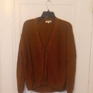 Brown V-Neck Cardigan Sweater tie lace up front, medium